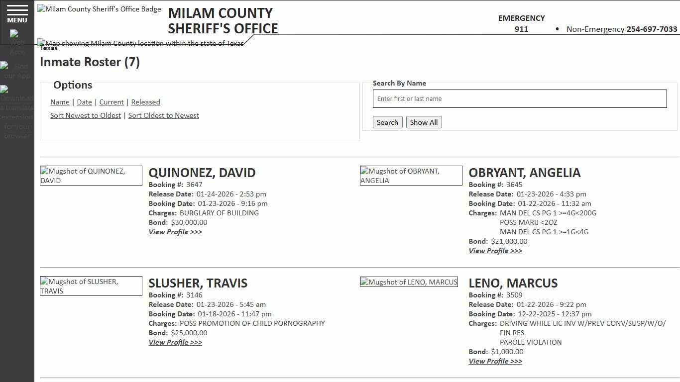 Inmate Roster - Page 1 Released Inmates Booking Date Descending - Milam County Sheriff TX
