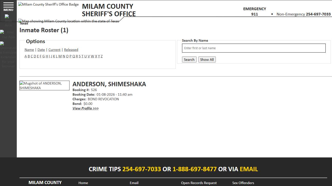 Inmate Roster - Current Inmates Alpha A - Milam County Sheriff TX