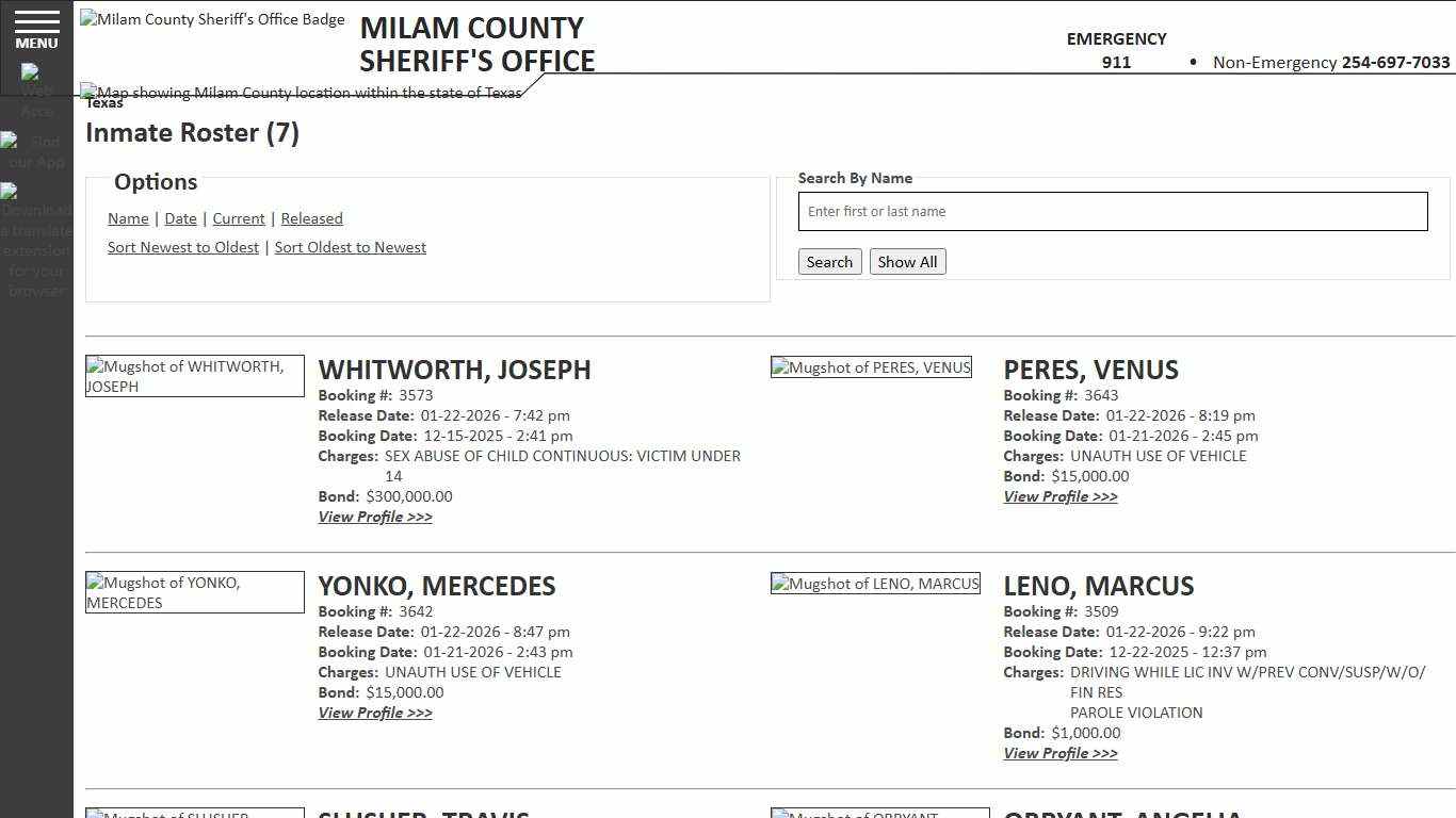 Inmate Roster - Released Inmates Booking Date Ascending - Milam County Sheriff TX