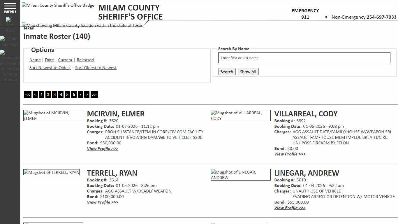 Inmate Roster - Page 2 Current Inmates Booking Date Descending - Milam County Sheriff TX
